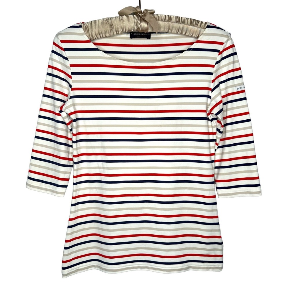 Saint James French Breton Striped Top 4 (S) White Navy Red Made In France